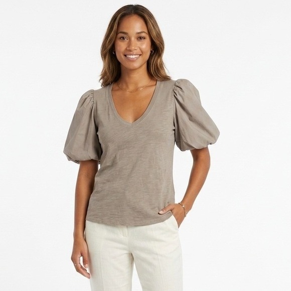 Nation LTD Tops - Nation LTD Noa Puff Sleeve V-Neck Slub Jersey T-Shirt Taupe Gray Size L